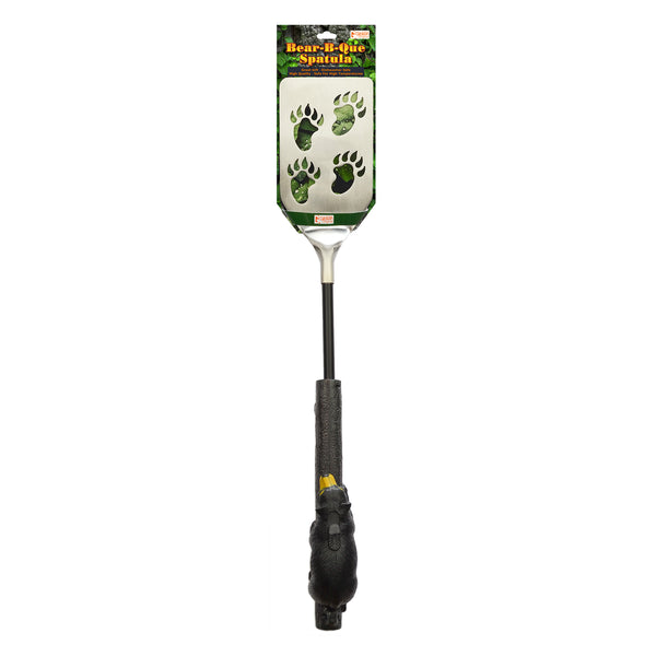 The Bear-B-Que Spatula has a brown bear shaped handle and bear paw die cuts in a stainless steel blade. The Bear-B-Que Spatula is heavy-duty and dishwasher safe and features a built-in bottle opener and convenient hanging hook. Makes a great gift for your favorite grill master or hunter.