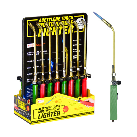The Gibson Acetylene Torch Utility lighter is a long reach multipurpose lighter shaped like a real acetylene torch. Comes in a 16 piece display, in orange and green, shown in red and green assortment.