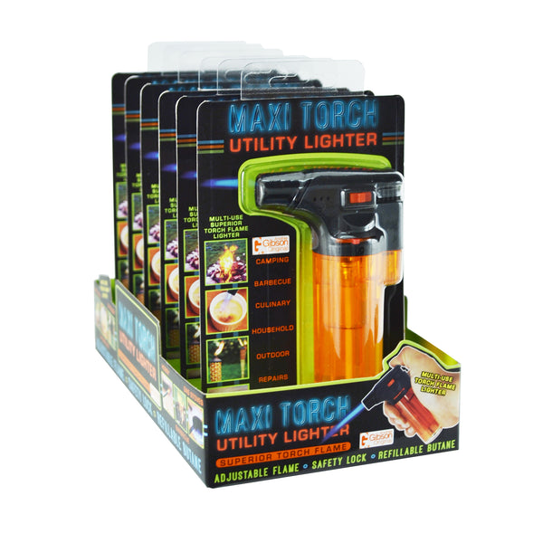 The Maxi Torch utility lighter comes in a variety of colors. Its transparent design makes it easy to see when fuel needs to be added. Adjustable single blue flame torch makes it easy to use in all sorts of weather conditions. This lighter is child resistant. Great for camping, barbeques, bon fires, smokables and more!