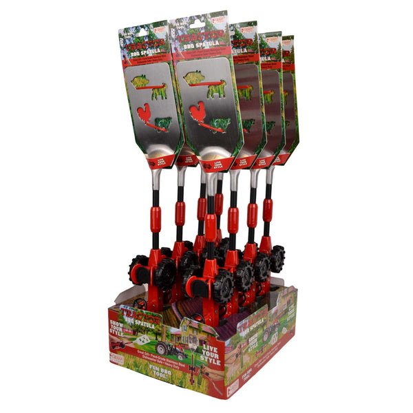 The Tractor BBQ Spatula 8 piece display features 8 spatulas with a detailed, red farm tractor handle, bottle opener, hanging hook, and livestock themed die cuts in the stainless steel spatula blade. BBQ tools, barbeque tool, spatula, tractor spatula