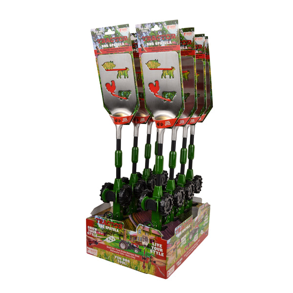 The Gibson Tractor BBQ Spatula 8 piece display features 8 spatulas with a detailed, green farm tractor handle, bottle opener, hanging hook, and livestock themed die cuts in the stainless steel spatula blade. BBQ tools, barbeque tool, spatula, tractor spatula.